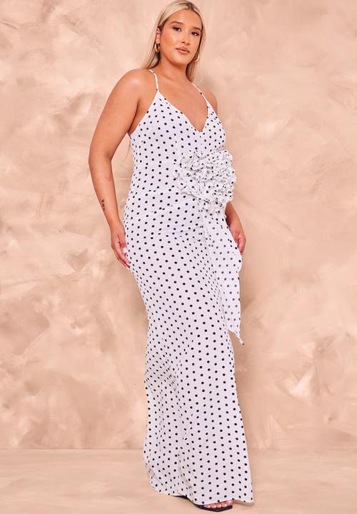 Plus White Polka Dot Satin Rose Detail Maxi Dress - White
