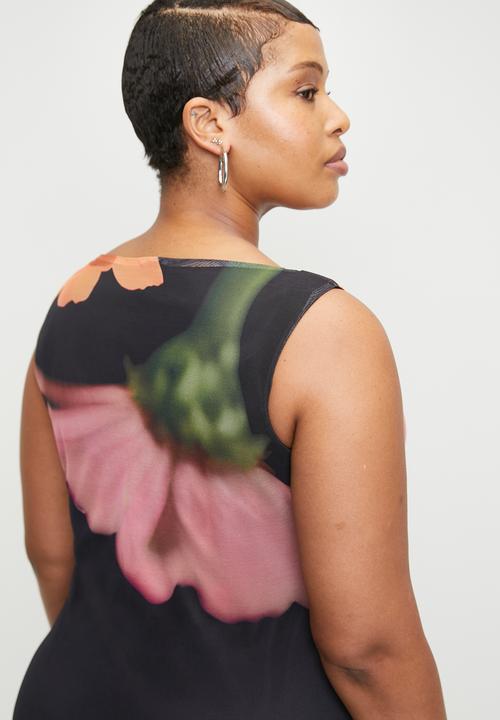 Me&B - Plus Sleeveless Mesh Dress In Sunset Flower - Sunsetflower