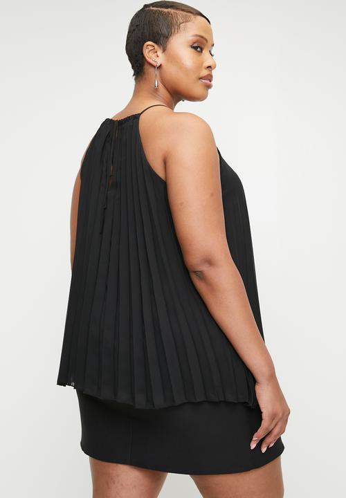 VELVET - Chiffon pleated trapeze halter shell plus - black