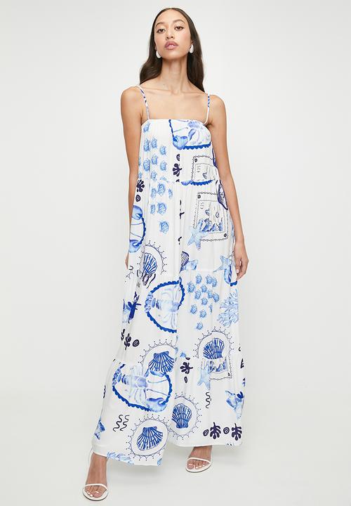 Strappy trapeze maxi dress - mediterranean fish