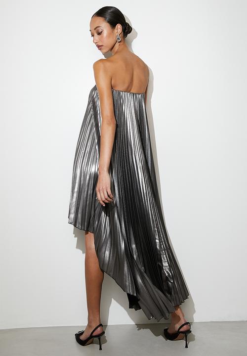 VELVET - Pleated high low trapeze dress - black/silver