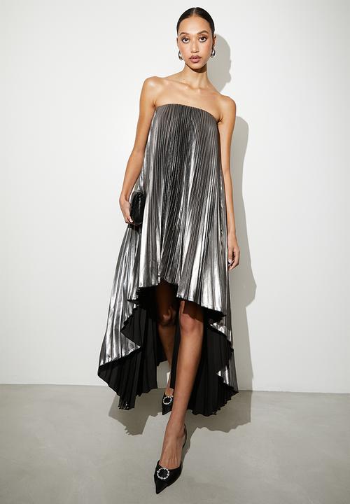 VELVET - Pleated high low trapeze dress - black/silver
