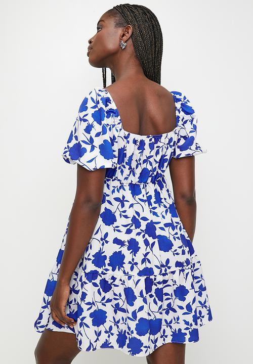MILLA - Puff sleeve mini fit & fllare dress - blue elementary painted floral aop