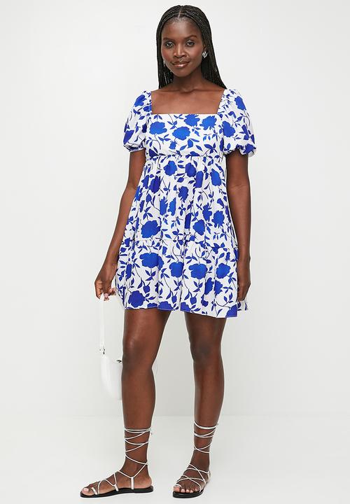 MILLA - Puff sleeve mini fit & fllare dress - blue elementary painted floral aop