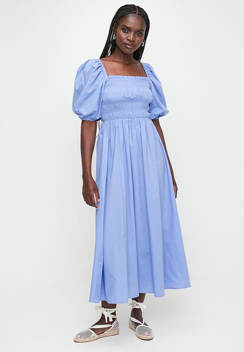 Statement sleeve midi dress with shirring - blue