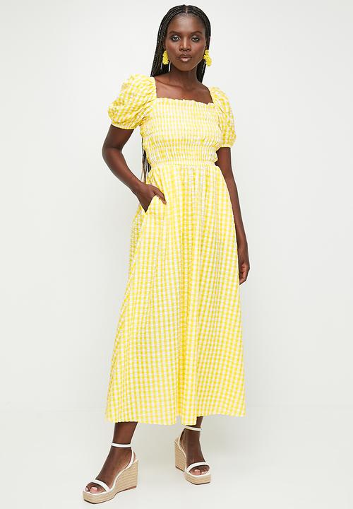 Shirred Midi Fit & Flare Dress - Yellow