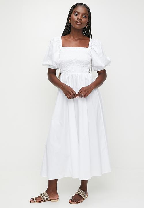 Statement sleeve midi dress with shirring - white