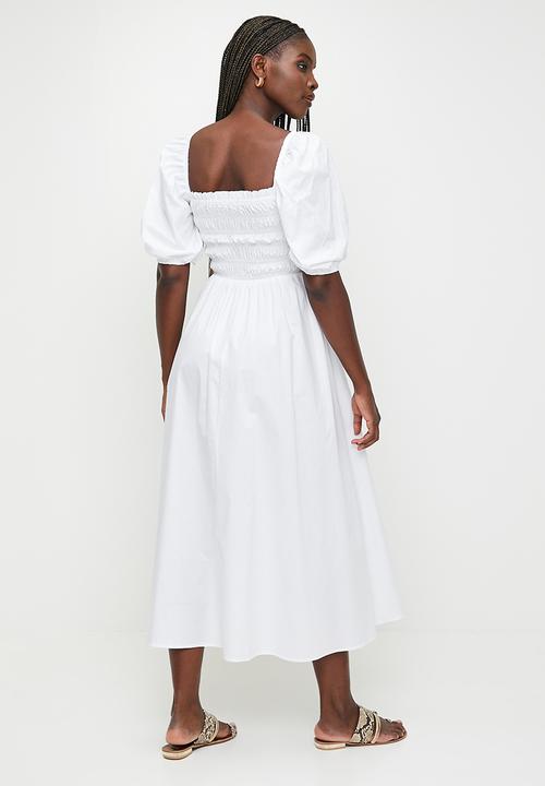MILLA - Statement sleeve midi dress with shirring - white