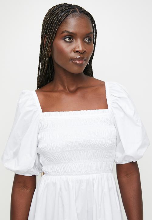 MILLA - Statement sleeve midi dress with shirring - white