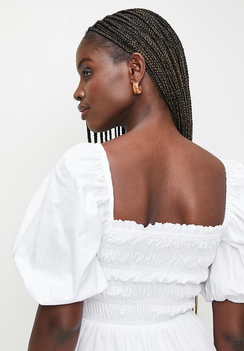 MILLA - Statement sleeve midi dress with shirring - white