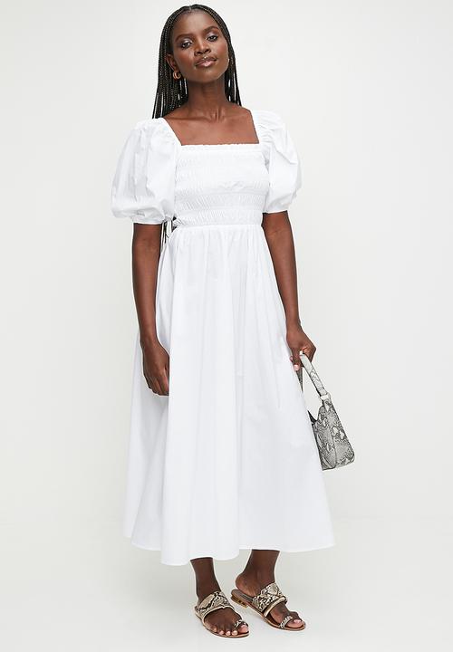 MILLA - Statement sleeve midi dress with shirring - white