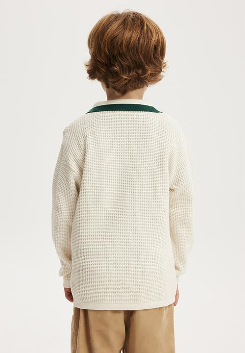 Cotton On - Preston long sleeve knit polo - dark vanilla/pine tree green