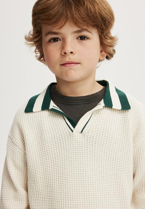 Cotton On - Preston long sleeve knit polo - dark vanilla/pine tree green