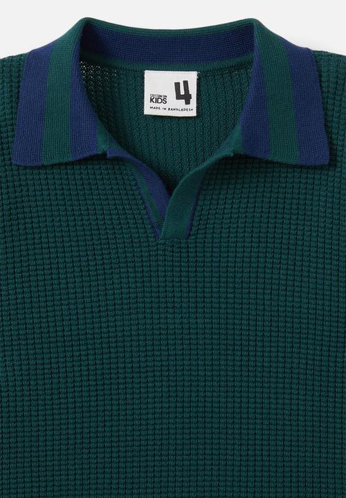 Cotton On - Preston long sleeve knit polo - pine tree green/in the navy