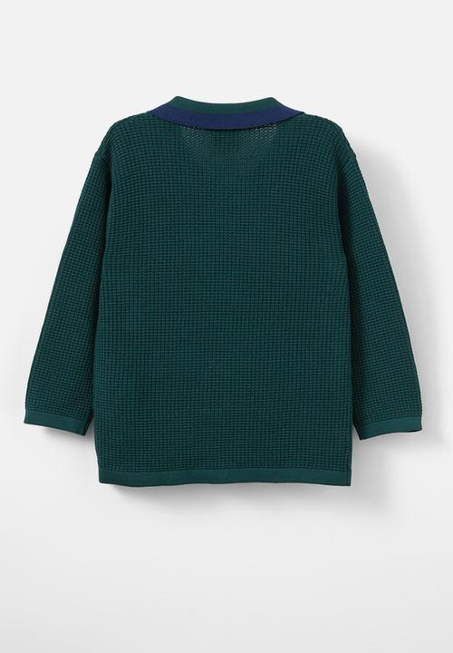 Cotton On - Preston long sleeve knit polo - pine tree green/in the navy