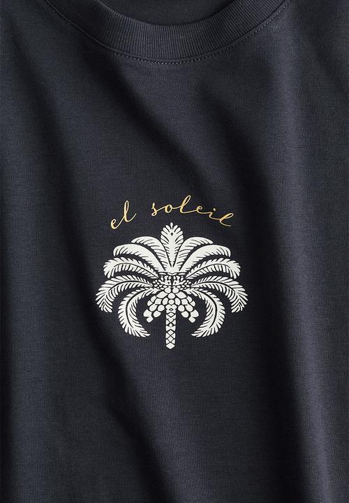 H&M - Cotton T-shirt - dark grey/palm tree