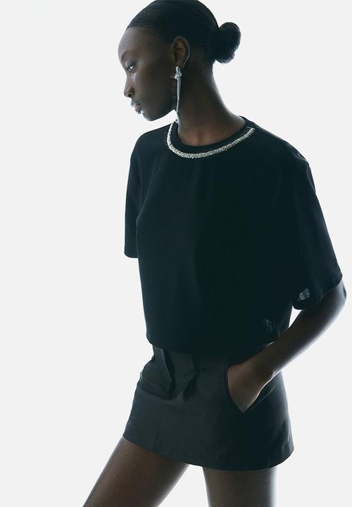 H&M - Short T-shirt - black/beads