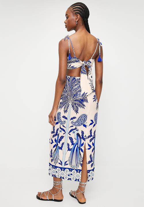 Superbalist - Square neck column dress with tassel trim - blues parrots and palms single border