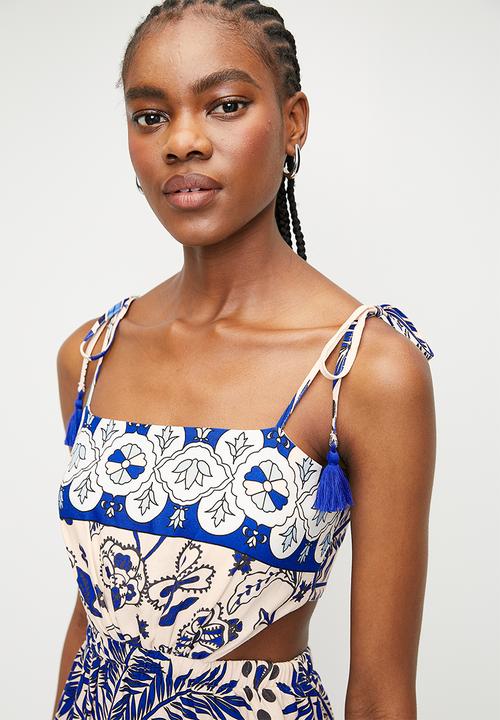 Superbalist - Square neck column dress with tassel trim - blues parrots and palms single border