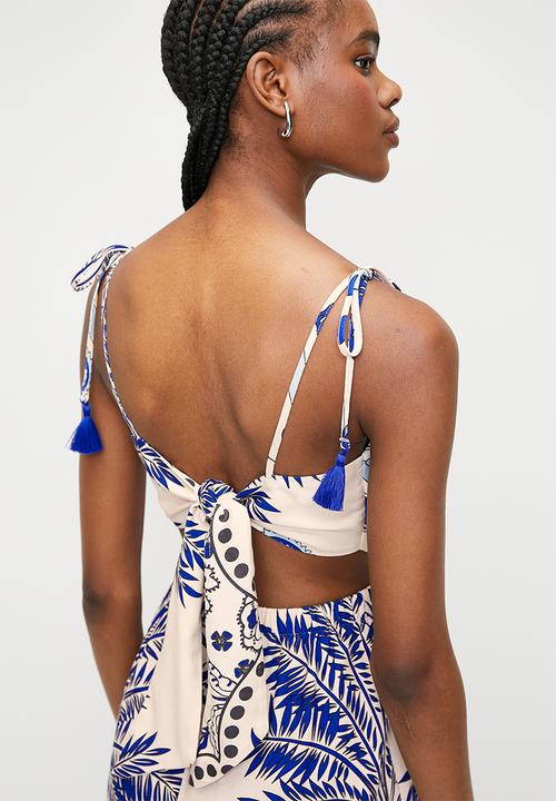 Superbalist - Square neck column dress with tassel trim - blues parrots and palms single border