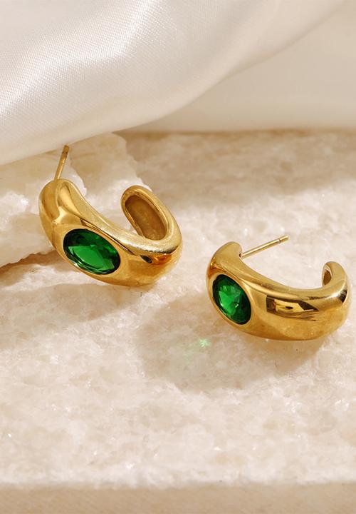 Zoe on Trend - Stone-set modern hoop earring - gold/green