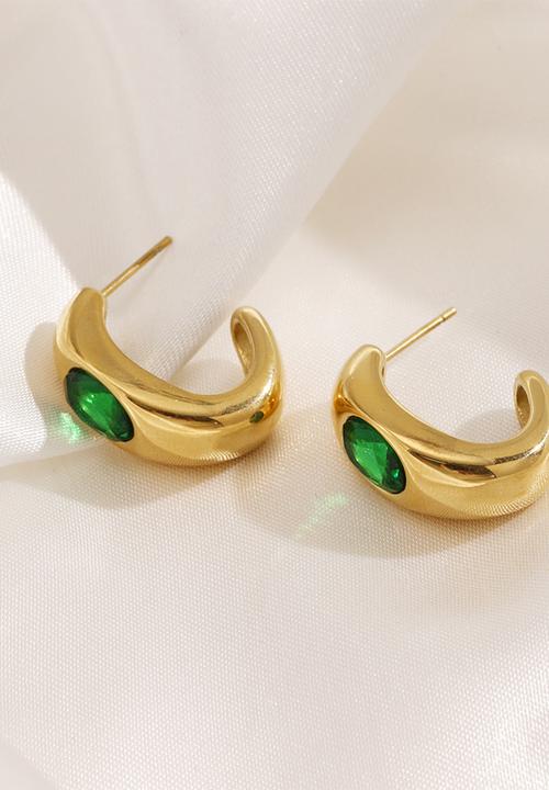 Zoe on Trend - Stone-set modern hoop earring - gold/green