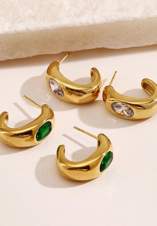 Zoe on Trend - Stone-set modern hoop earring - gold/green