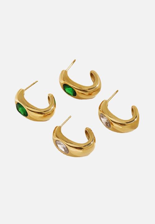 Zoe on Trend - Stone-set modern hoop earring - gold/green
