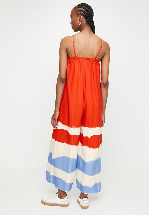 edit - Strappy Square Neck Wide Leg Jumpsuit - Red Colour Blocked Waves