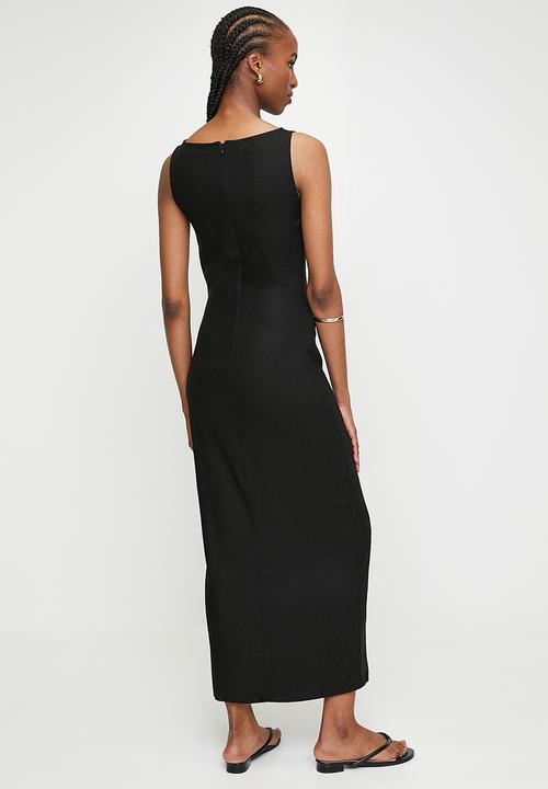 edit - Slash Neck Linen Blend Column Maxi Dress - Black