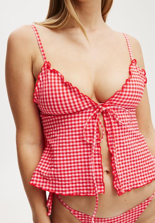 Cotton On - Bow Front Tankini Top- Pink & Red Gingham