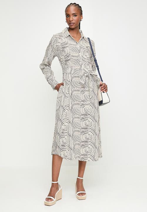 POLO - Wmn Rebecca Long sleeve Printed Dress - Off White