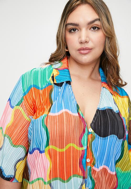 Me&B - Plus Loop Front Shirt Flutter Sleeve - Colourfulblocks