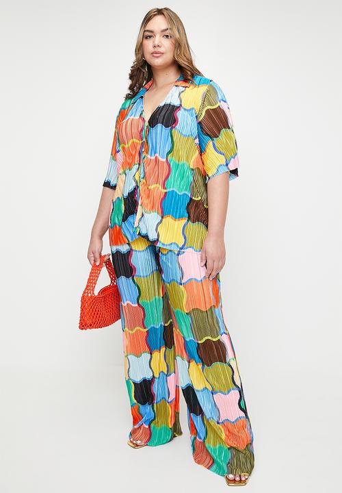 Me&B - Plus Cropped Plisse Pant - Colourfulblocks