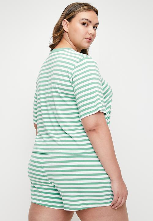 Cotton On - Plus Dreamy Short Sleeve Jersey Sleep Set-Misty Jade Stripe