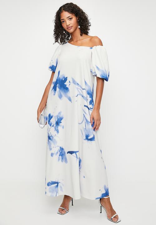MILLA - Asymmetric trapeze maxi dress with bubble sleeve -denim ghostly floral