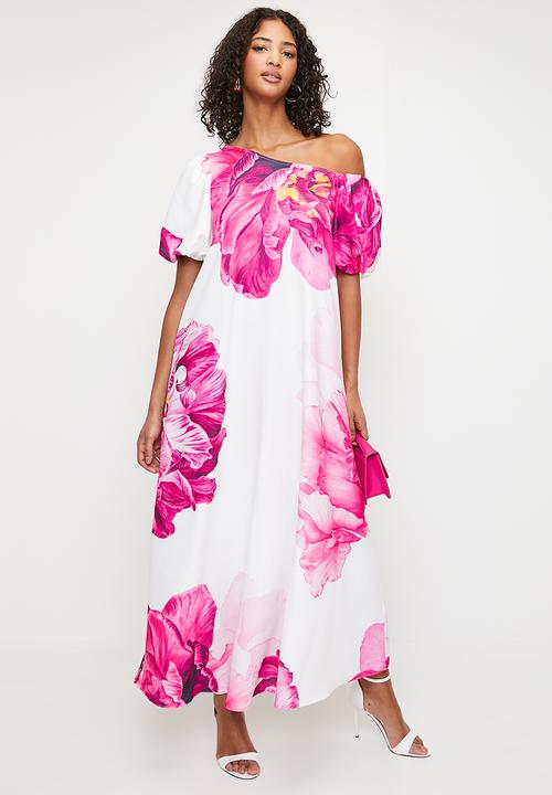 MILLA - Asymmetric trapeze maxi dress with bubble sleeve - white & pink