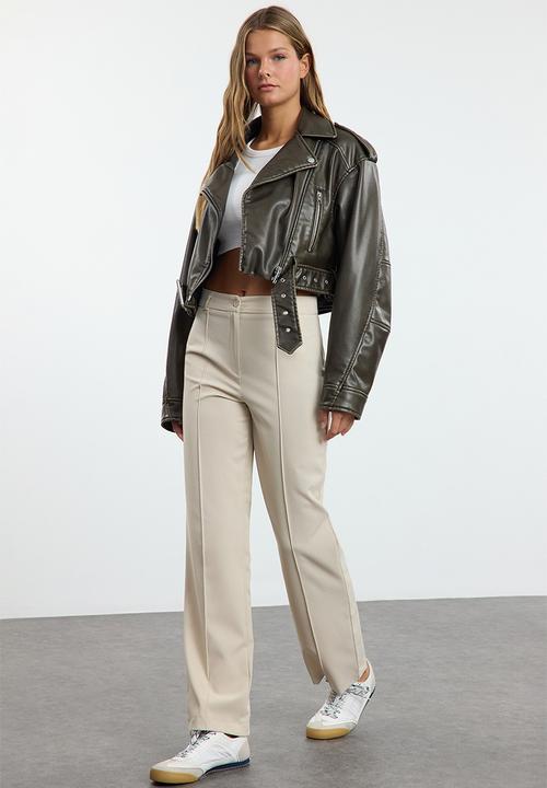 Trendyol - High waist ribbed stitched woven trousers - mink