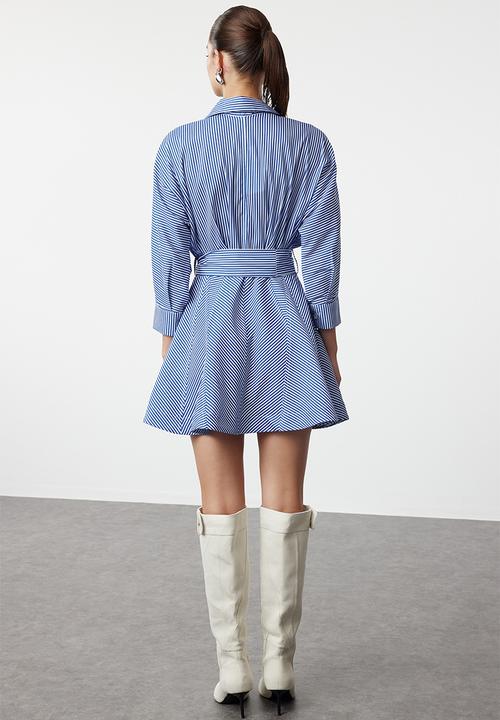 Trendyol - Belted striped mini shirt dress - blue