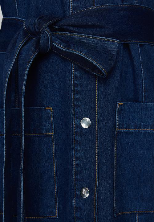 Trendyol - Belted Denim Midi Dress - Blue
