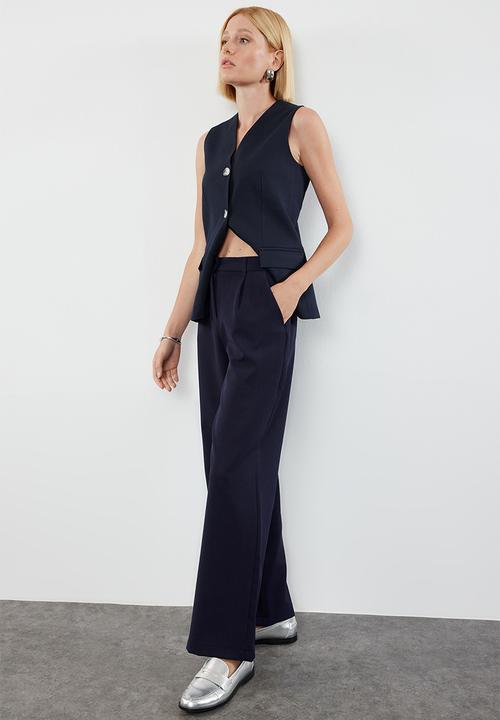 Trendyol - High waist wide leg pleated woven trousers - dark navy blue
