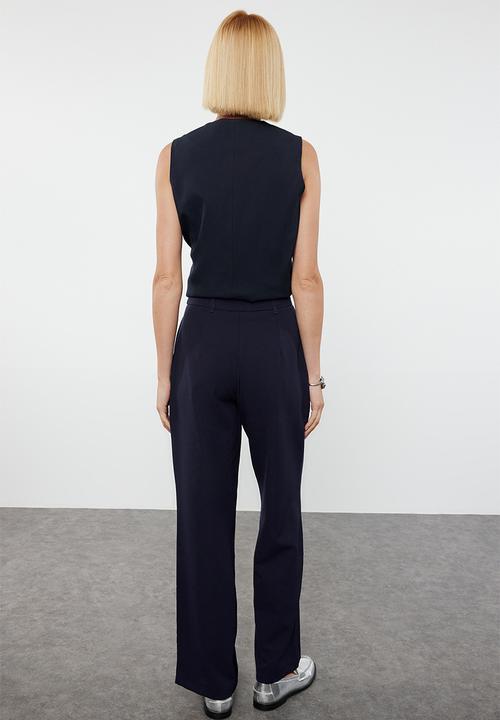 Trendyol - High waist wide leg pleated woven trousers - dark navy blue
