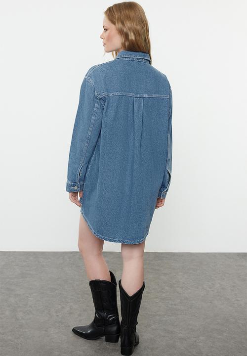 Trendyol - Stitching Detailed Mini Denim Dress - Blue