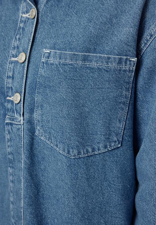 Trendyol - Stitching Detailed Mini Denim Dress - Blue