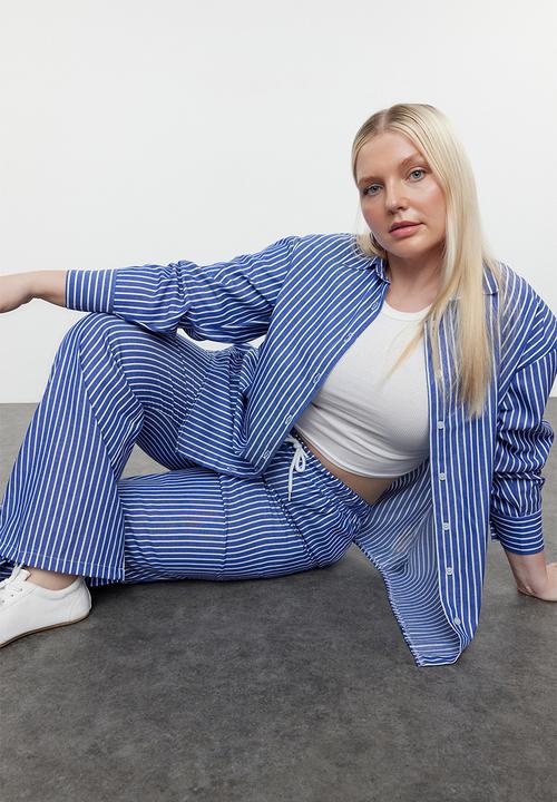 Trendyol - Plus Striped Shirt & Pants Set - Navy Blue