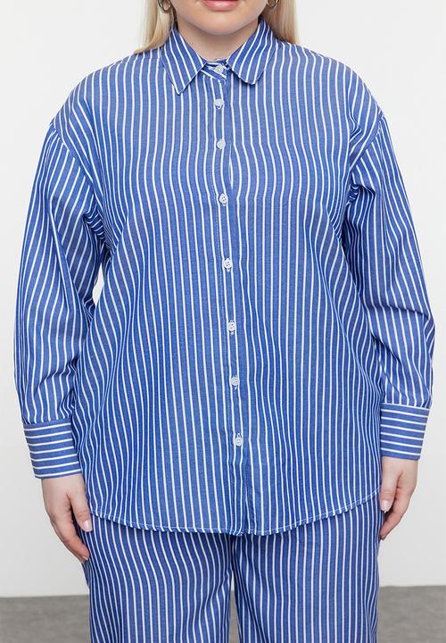Trendyol - Plus Striped Shirt & Pants Set - Navy Blue