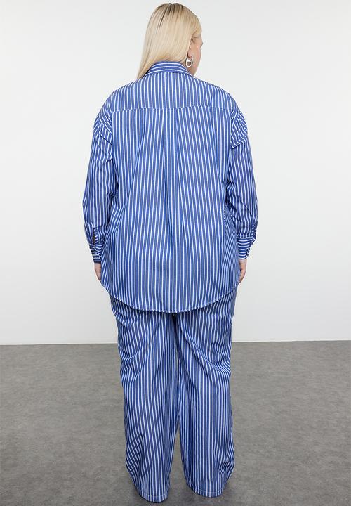 Trendyol - Plus Striped Shirt & Pants Set - Navy Blue