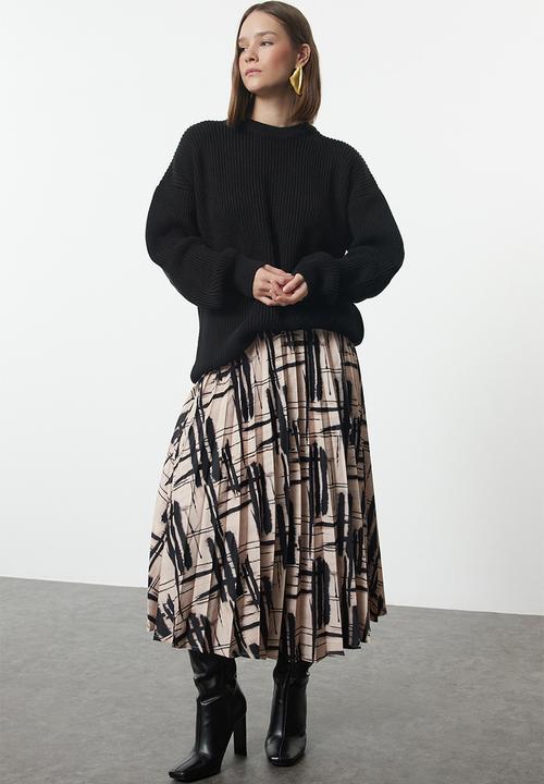 Trendyol - Pleated Satin Midi Skirt - Beige & Black 