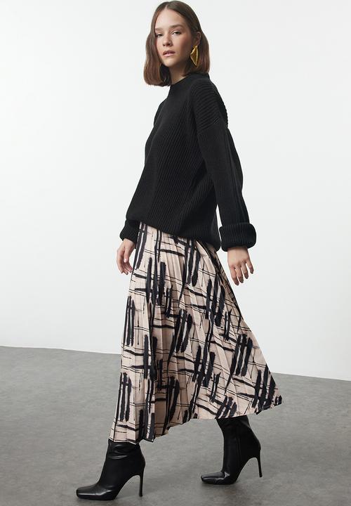 Trendyol - Pleated Satin Midi Skirt - Beige & Black 
