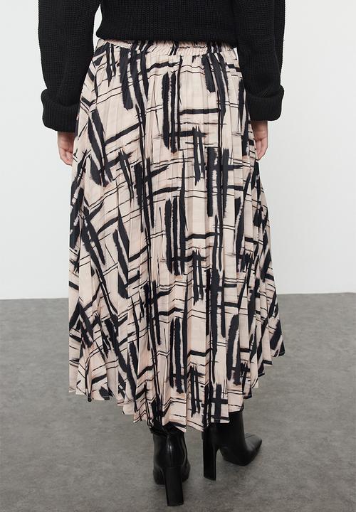 Trendyol - Pleated Satin Midi Skirt - Beige & Black 